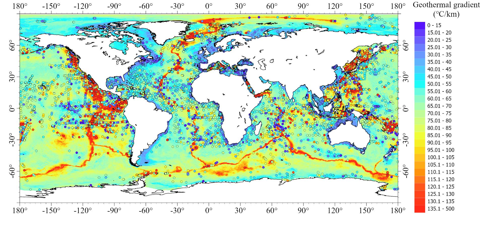 图1 地温梯度实际测量点和全球海洋预测分布图
